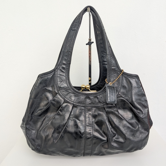 Coach Vintage Black Patent Leather Ergo Tattersall Pleated Satchel - Picture 1 of 15